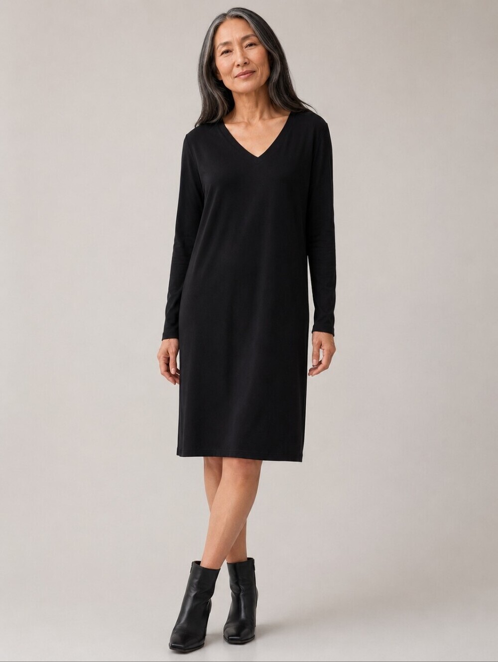 ❤️ EILEEN FISHER LONG SLEEVE V-NECK SHIFT DRESS, BLACK, XS